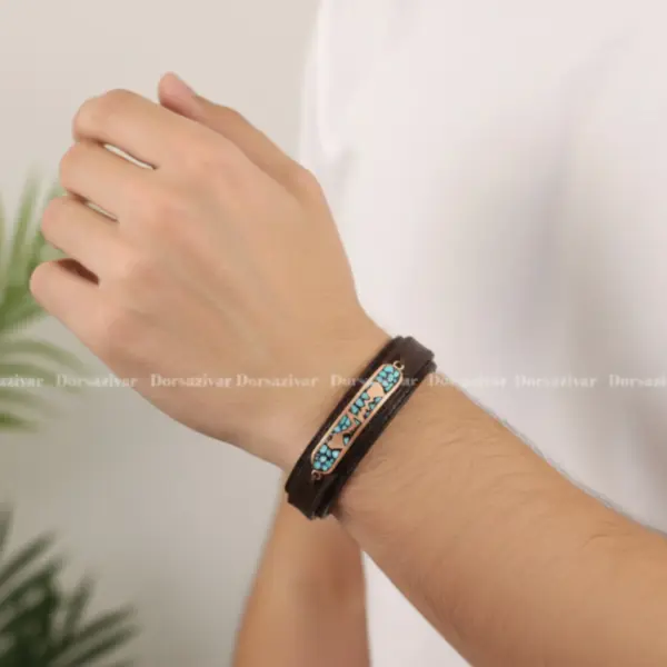 دستبند چرم و فیروزه ضربان قلب