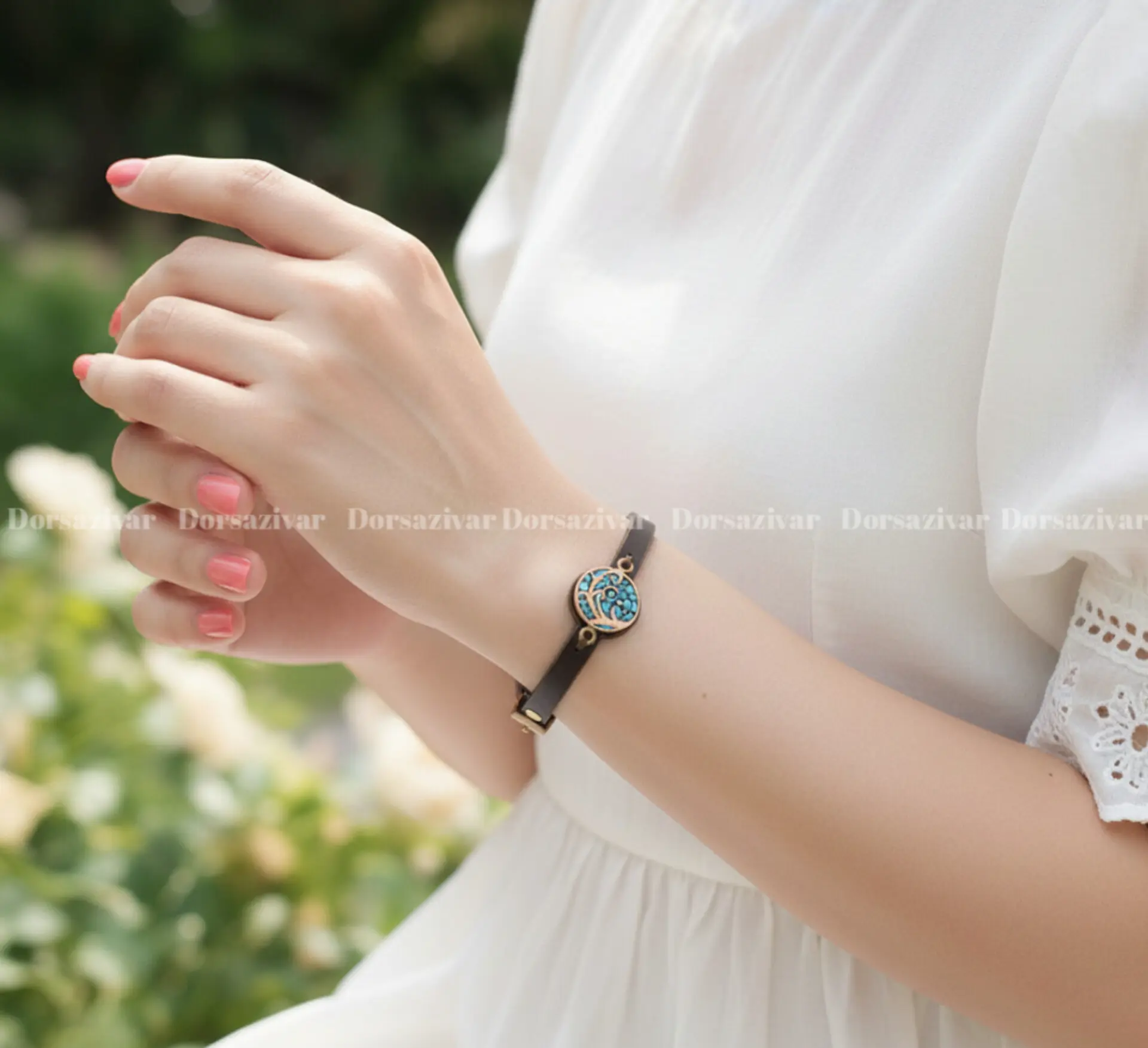 دستبند چرمی مس و فیروزه درخت زندگی