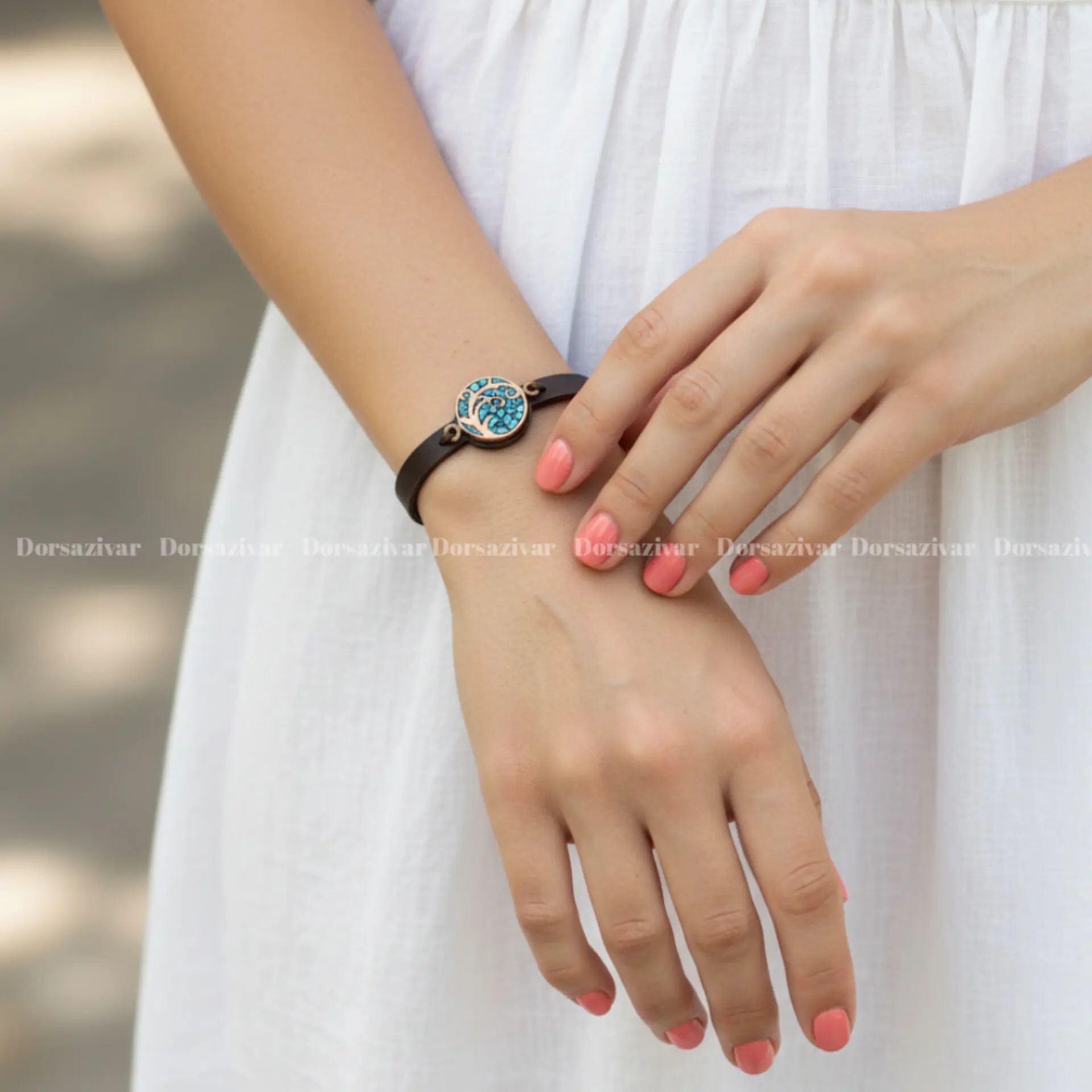 دستبند چرمی مس و فیروزه درخت زندگی