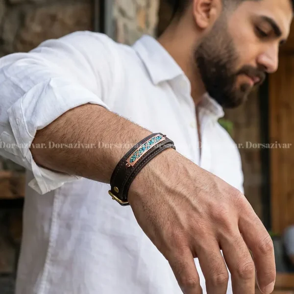 دستبند چرمی مس و فیروزه آرسته
