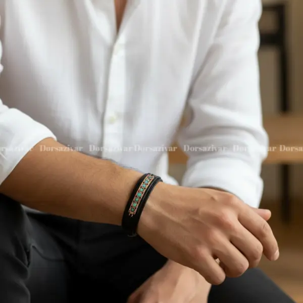 دستبند چرمی مس و فیروزه دایره