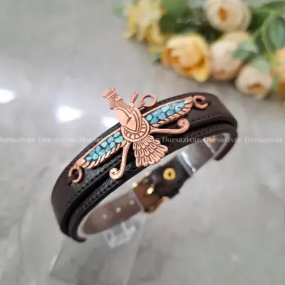 دستبند چرم مس و فیروزه فروهر