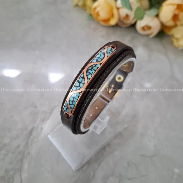 دستبند چرم زنانه مس و فیروزه اسپرت2