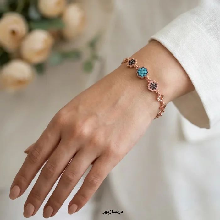 دستبند مس و فیروزه و مارگازیت گلی سه
